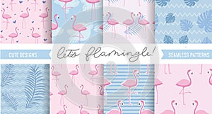 Set of cute flamingo and tropical patterns. Seamless pattern designs for textile, posters etc. Vector illustration