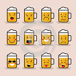 Set cute flat design glass of beer character with different facial expressions, emotions. Collection of emoji isolated