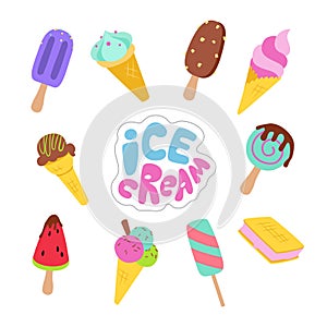 Set of cute flat ice cream stickers isolated on white background. The inscription is ice cream. Vector