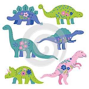 Set of cute floral dinosaurs isolated on a white background. Vector graphics