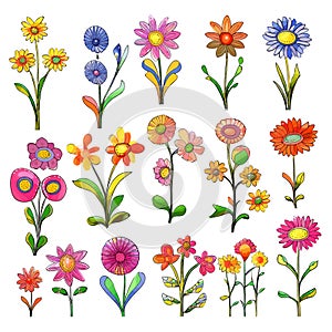 Set of cute flowers cartoon characters