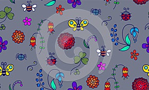 Set of cute flowers and insects in vector