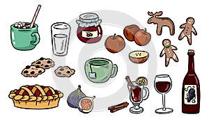Set of cute food doodles. Hygge food stickers for planners and botebooks. Cocoa, pie, mulled wine, ginger cookies, apples, jam