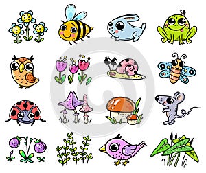 Set of cute forest or woodland animals and plant elements suitable for stickers