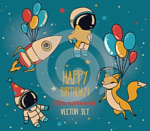 Set of cute fox with balloons, astronauts and rocket in space for birthday party in cosmic style