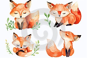Set of cute fox in different poses in style of childlike simplistic watercolor