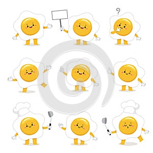 Set of cute fried egg cartoon characters with various activities