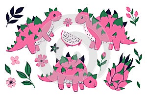 Set of cute fruit pitahaya dinosaurs . Vector graphics