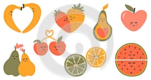 Set of cute fruits.Collection of love fruits for Valentine s day.Apple, pear, watermelon, cherry, lemon, strawberry