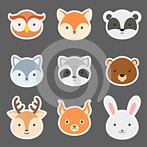 Set of cute funny animal heads stickers. Woodland cartoon animal characters for baby print design, kids wear, baby shower,