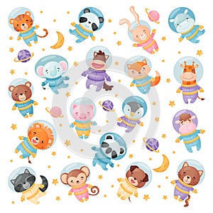 Set of cute funny baby animal astronauts floating in space. Adorable little piglet, fox, hippo, bear, tiger, elephant