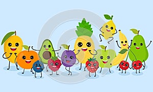 Set of cute funny cartoon fruits vegetable characters kawaii style isolated on blue background.