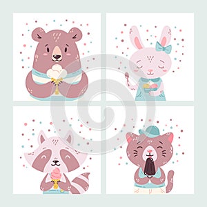 Set of cute funny cartoon summer animals. Bear, rabbit, raccoon and cat eating ice cream, licking popsicle, cone.