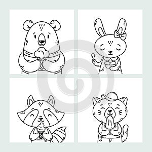 Set of cute funny cartoon summer animals. Bear, rabbit, raccoon and cat eating ice cream, licking popsicle, cone.