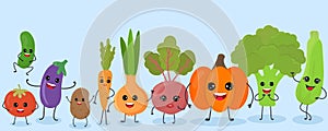 Set of cute funny cartoon vegetable characters kawaii style isolated on blue background.