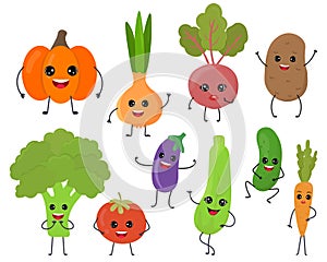Set of cute funny cartoon vegetable characters kawaii style isolated on white background.
