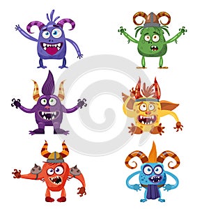 Set of cute funny characters troll, bigfoot, goblin, devil, yeti, imp, with different emotions, cartoon style, for books