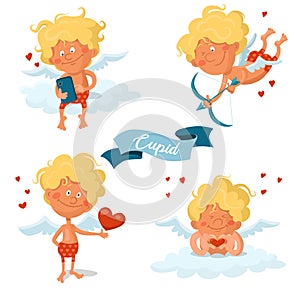 Set of cute funny cupids for valentine`s day isolated on white background