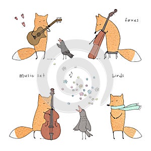 Set of Cute and Funny Foxes and Birds