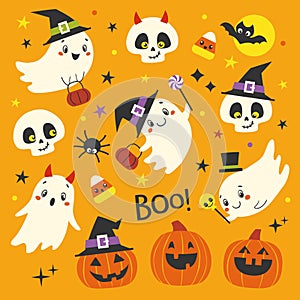 Set of cute and funny Halloween characters on orange background