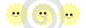 Set of Cute funny kawaii yellow suns with big eyes and smile. Cartoon sunny icons.Vector illustration