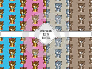 A set of cute funny little baby bear toy seamless pattern. Funny happy teddy bear,girl and boy with bow and bow tie.