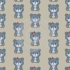 A set of cute funny little baby bear toy seamless pattern. Funny happy teddy bear,girl and boy with bow and bow tie.