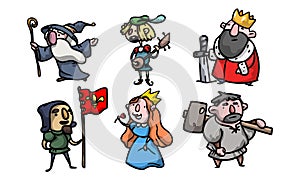 Set of cute and funny medieval characters of different people. Vector illustration in flat cartoon style.