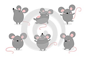 Set of cute funny mouses in different poses in cartoon style.