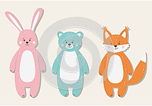 Set of cute funny orange fox, blue bear and pink hare animals