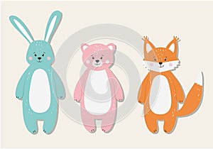 Set of cute funny orange fox, blue bear and pink hare animals