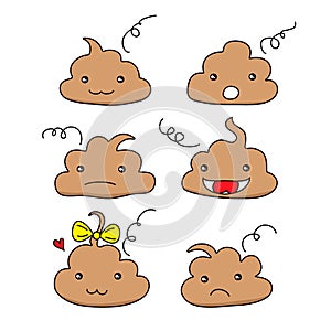 Set of cute funny poop emoticon smileys. Emotional shit kawaii icons.Happy,smiling, angry,sad, pretty. Vector flat