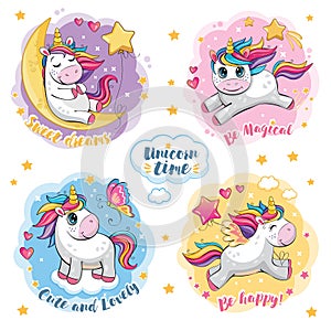 Set of cute funny unicorns. Cartoon and fabulous illustration with beautiful little pony, butterfly, star, moon and heart. Sticker