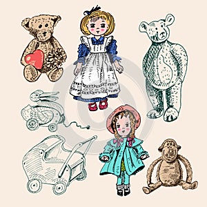 Set of cute funny vintage monkey toys, teddy bears, dolls. Antique toys of the last century for kids. Vector hand drawn