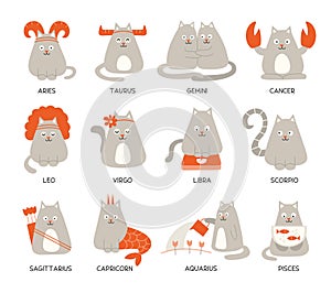 Set of cute funny zodiac cats. Twelve zodiacal signs. Aries taurus gemini cancer leo virgo libra scorpio sagittarius