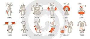 Set of cute funny zodiac rabbits. Twelve zodiac signs. Aries taurus gemini cancer leo virgo libra scorpio sagittarius