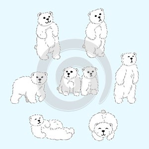 Set of cute furry polar bears, isolated cartoon wild animals from  Red List, extinction problem, editable vector illustration