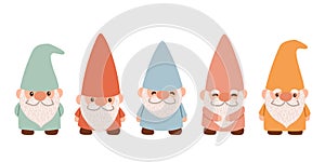 Set of cute garden gnomes. Isolated on a white background. Flat cartoon vector illustration EPS10.