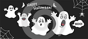 Set of cute ghost, apparition, spook, horror. Poster for happy Halloween. Cartoon vector illustration for print, sticker. Vector.