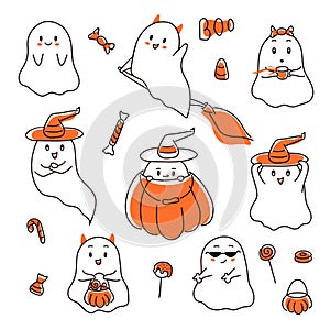 Set of cute ghost in doodle style. Collection of flying spirit. Halloween symbol. Cartoon spooky baby character. Vector