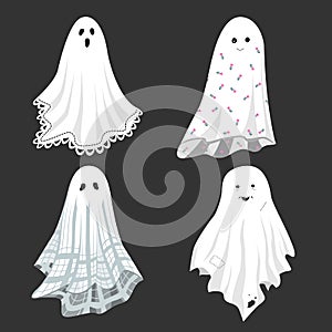 Set of cute ghost in a vintage, old, and retro sheets. Design elements for Halloween decorative design. Isolated vector