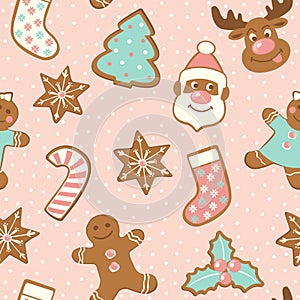 Set of cute gingerbread cookies for christmas. Isolated on white background. Vector seamless pattern.
