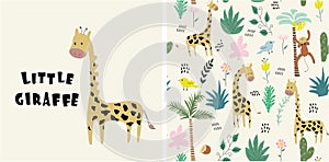 set of cute giraffe print and seamless pattern with giraffes.vector illustration