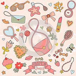 Set of Cute Girl's Stuffs vector drawings. Vector illustrations with line in pretty pink color scheme. Girly graphic photo