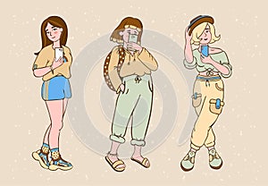 Set of cute girls taking selfie photo on smart phone. Teenagers in fashionable clothes holding a smartphone. Drawing in flat style