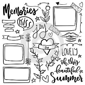 Set of cute and girly jand drawn vector doodle stickers.