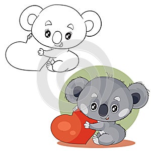 Set of cute gray koala characters holding in their paws a big red heart wants to give it in color and in outline, green photo