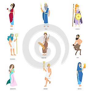 Set of cute greek gods character in different poses and clothes