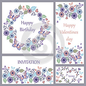 Set of cute greeting card with butterflies and hearts for birthday, wedding, congratulation, invitation.
