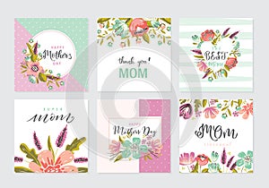 Set of cute greeting cards for Mother`s Day hand drawn